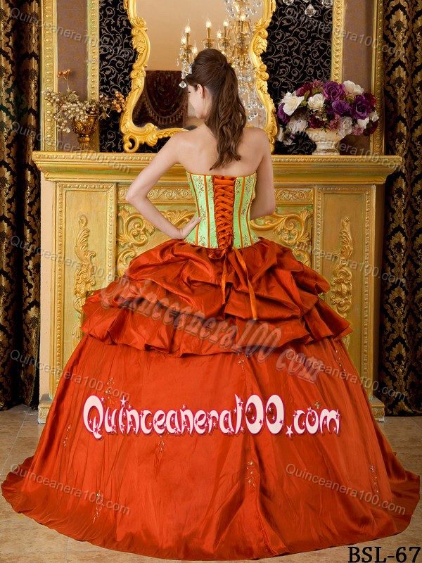 Strapless Appliques Ball Gown Quinceanera Dress in Green and Rust Red
