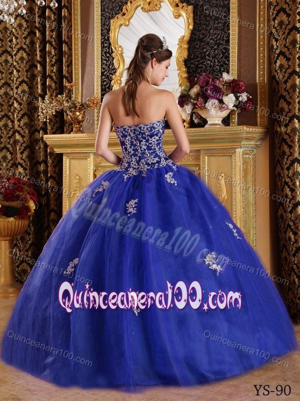 Blue Appliques and Ruche Sweetheart Floor-length Quinceanera Gowns