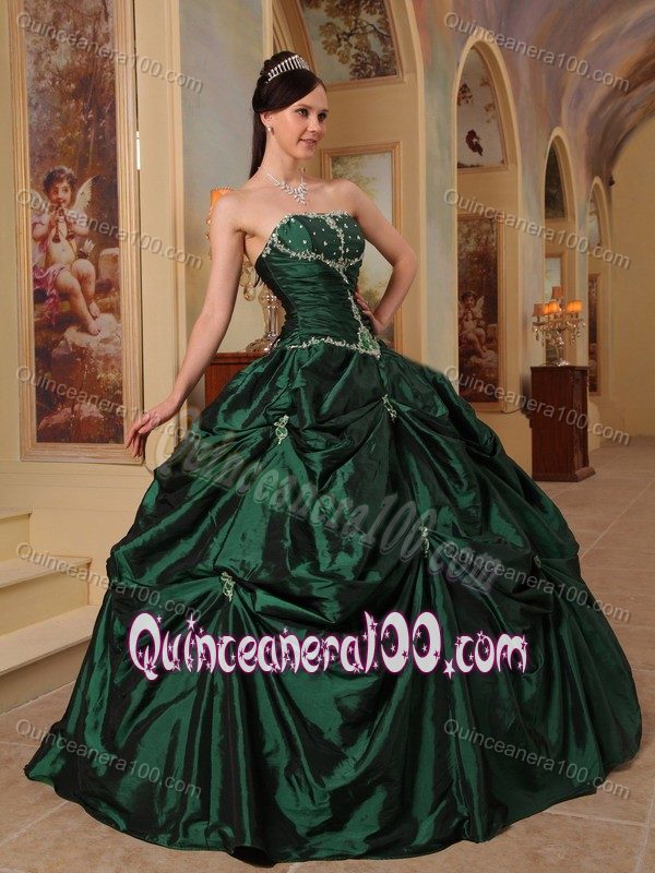 Beading and Ruche Hunter Green Strapless Taffeta Dresses For a Quince