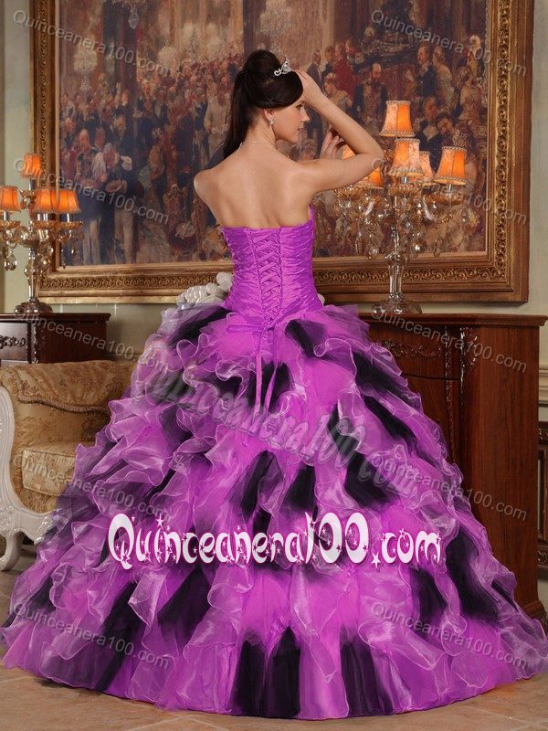 Make me a supermodel Fuchsia and Black Ruffles Quinceanera Dress with Ruche and Beading