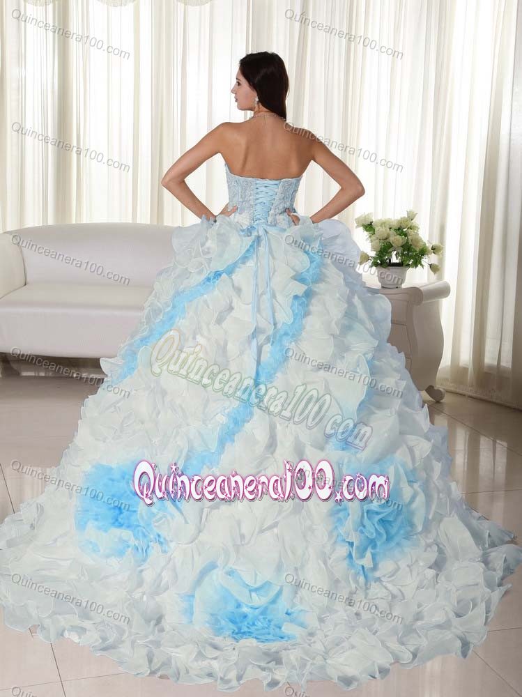 Appliques Sweetheart White and Blue Quinceanera Dress with Court Train