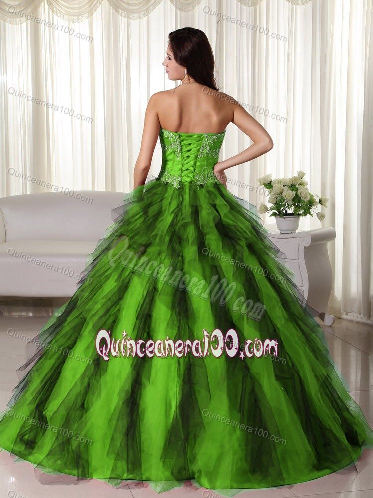 Green Ball and Black Appliques Sweet Sixteen Dresses Made in Tulle