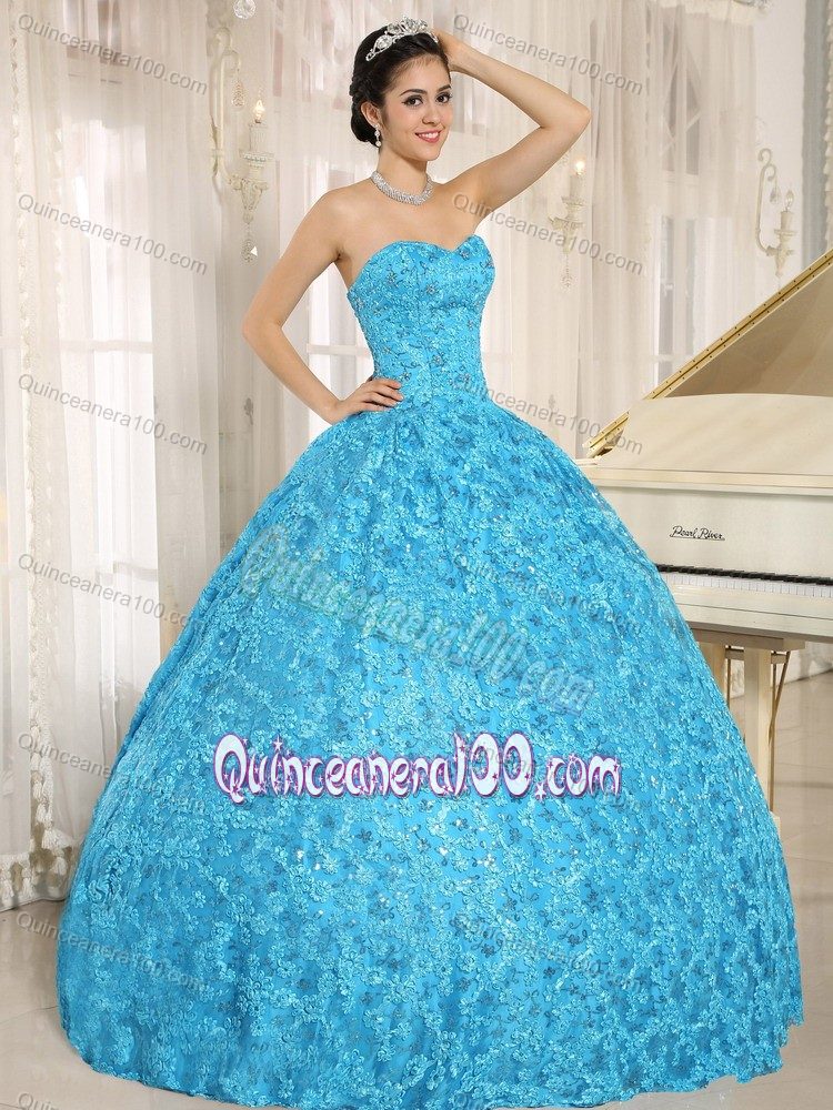 Embroidery and Sequins Teal Quinceanera Dress with Special Fabric
