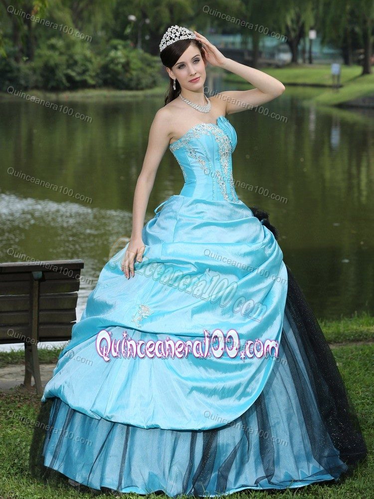 Aqua Blue and Black Flower Quinceanera Dress with Layered Ruffles