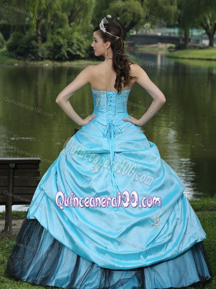 Aqua Blue and Black Flower Quinceanera Dress with Layered Ruffles