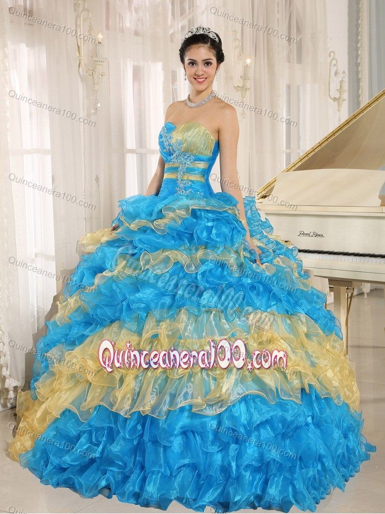 Stylish Multi-color 2014 Hilary Swank Quinceanera Dress with Appliques and Ruffles