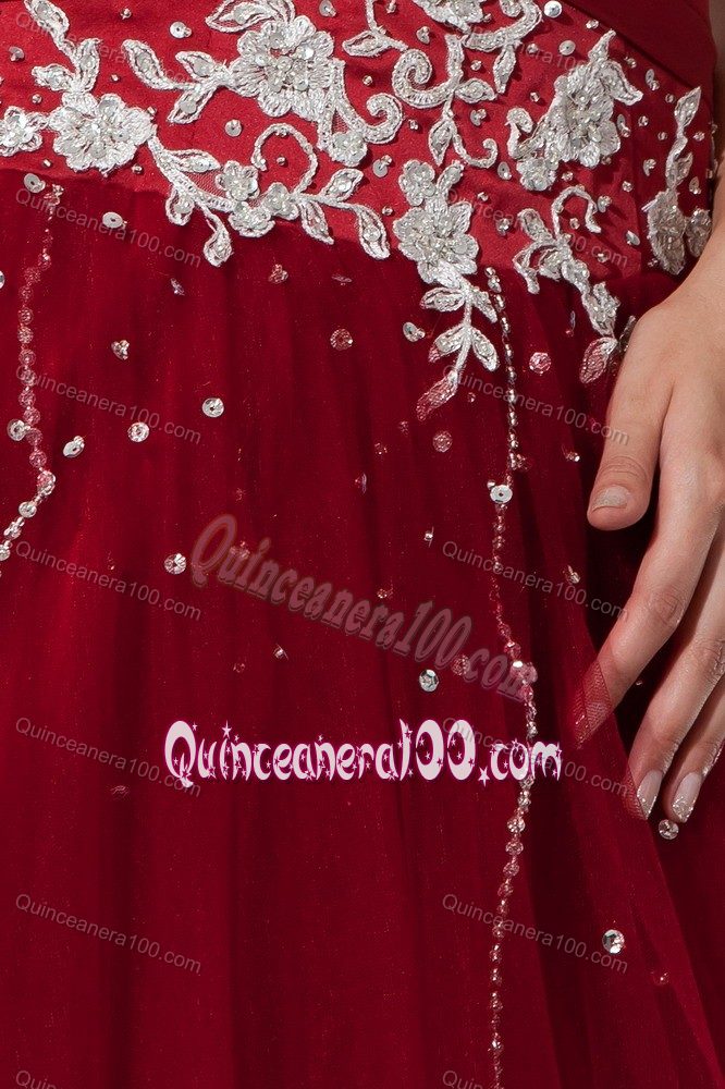 White Appliques and Beading Sash Quinceanera Dress in Wine Red