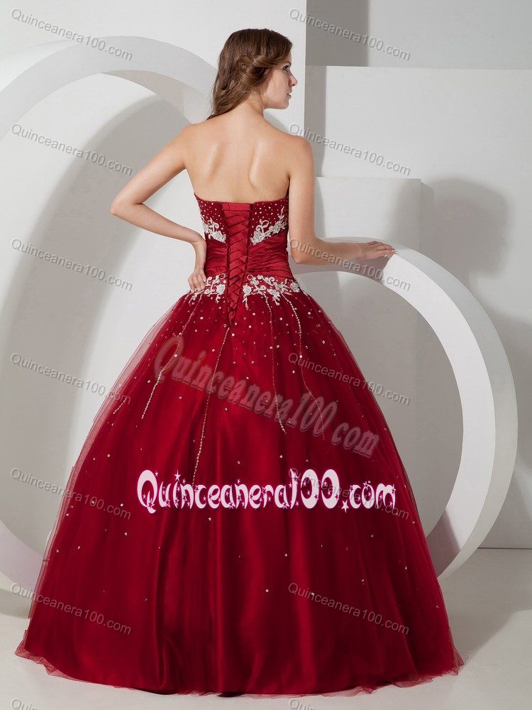 White Appliques and Beading Sash Quinceanera Dress in Wine Red