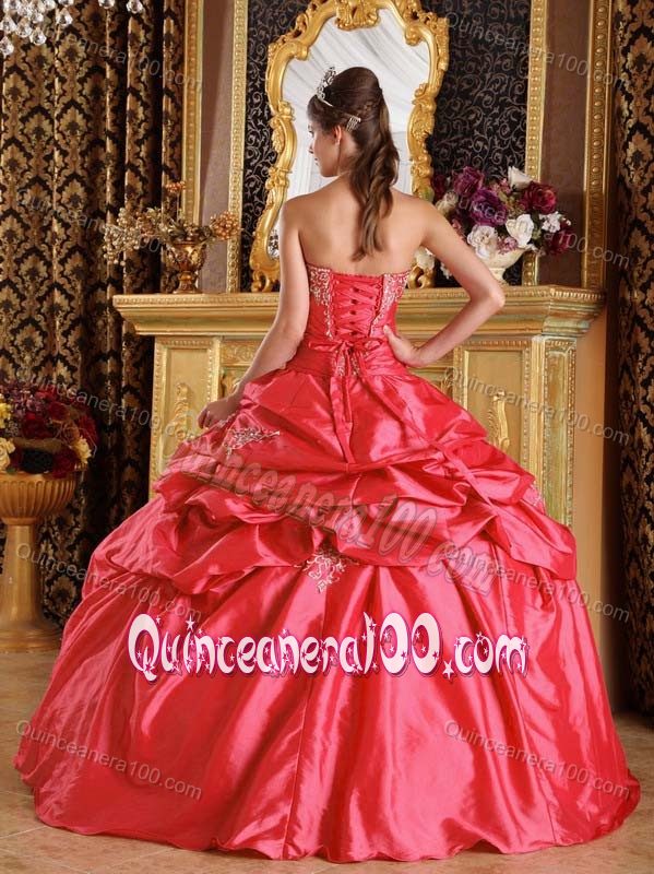 Impressive Taffeta Pick-ups Appliqued Coral Red Sweet 16 Dress
