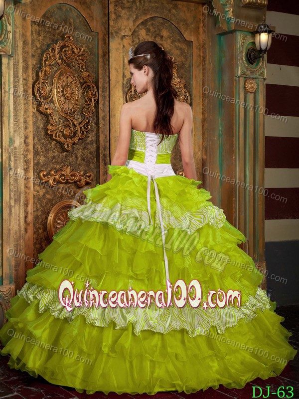 Cinderella Design Yellow Green and White Zebra Print Ruffled Sweet 16 Dress