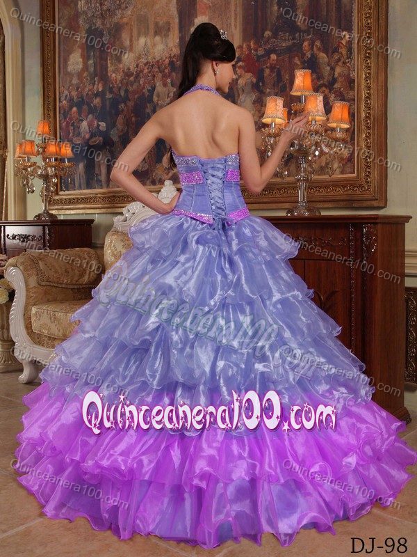 New Arrival Beaded Ruffled Two-toned Halter Dresses for a Quince