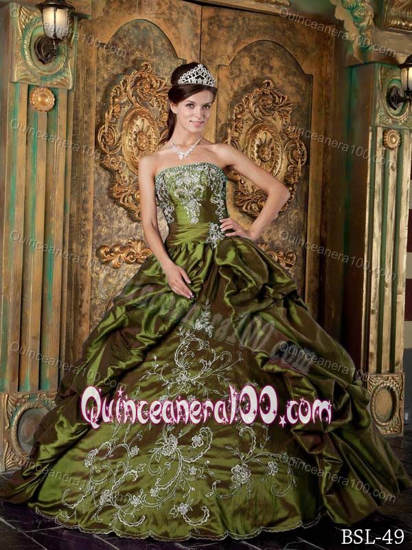 High-Class Taffeta Olive Green Sweet 15 Dresses with Embroidery