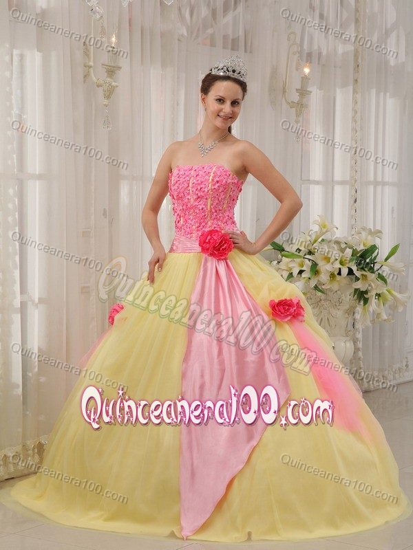 High-Class Pink and Yellow Strapless Sweet 16 Dress with Flowers