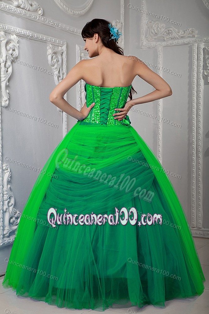 Green Ruffled Sweetheart Hand Made Flowers Quinceanera Gown