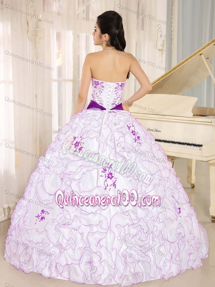 24 hours White Strapless Ruffled Dress for Sweet 15 with Purple Ribbon for 2014