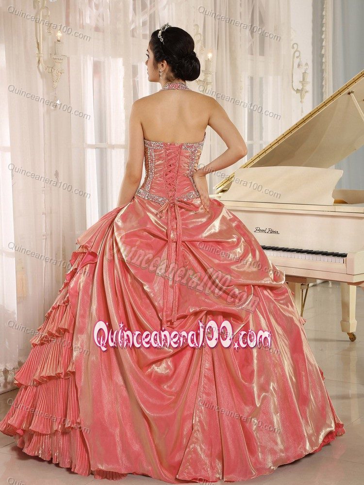 Halter Top Pleated Layers Beading Decorate Quinceanera Dresses