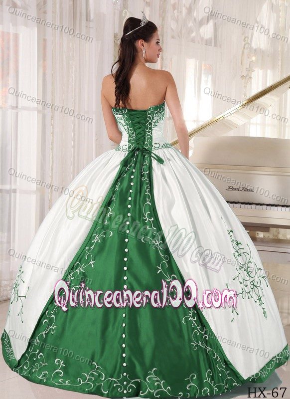 Simple Strapless White and Green Embroidery Sweet 15 Dresses