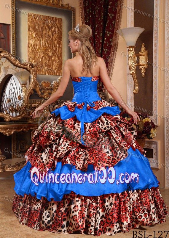 Blue Ball Gown Strapless Leopard Pick-ups Quinceanera Dresses