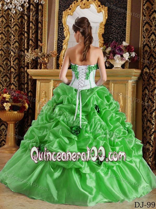 Spring Green and White Sweet 15 Dresses with Pick-ups and Pleats