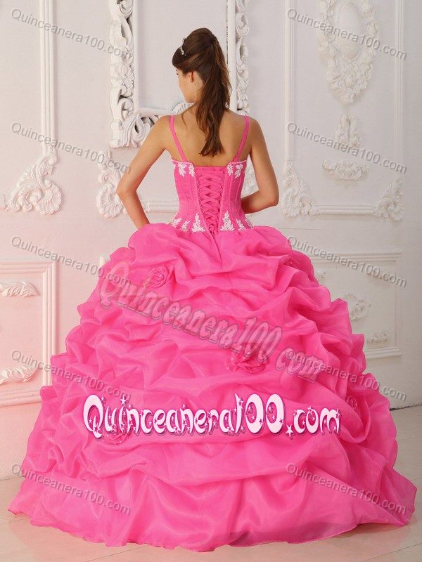 Hot Pink Straps Organza Quinceanera Dresses with Flowers