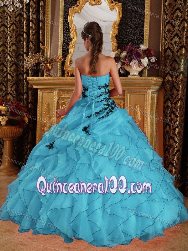 Aqua Blue Ruffled Organza Quinceanera Dresses with Appliques