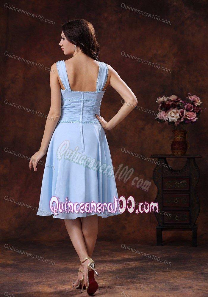 Chiffon V-neck Lilac Dama Dress With Ruches in Knee-length