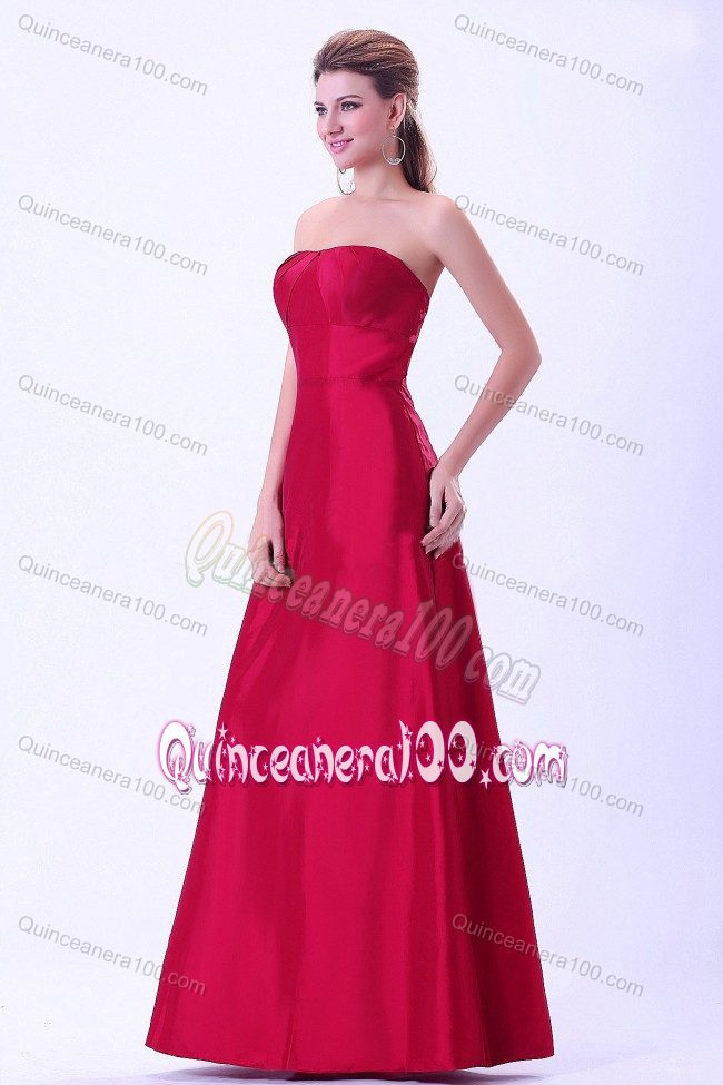 Strapless Wine Red Quinceanera Dama Dress with Pleat in Taffeta