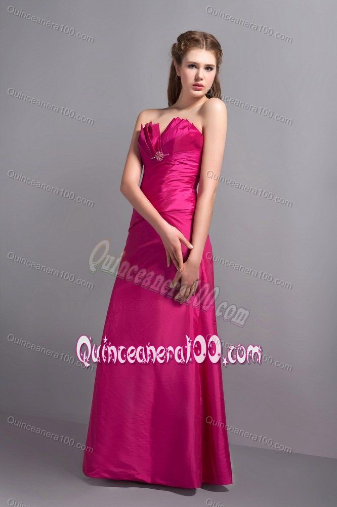 V-neck Hot Pink Dama Dress with Beading and Pleat in Taffeta