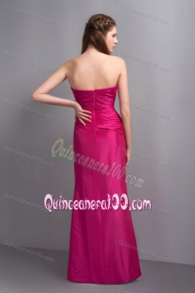 V-neck Hot Pink Dama Dress with Beading and Pleat in Taffeta