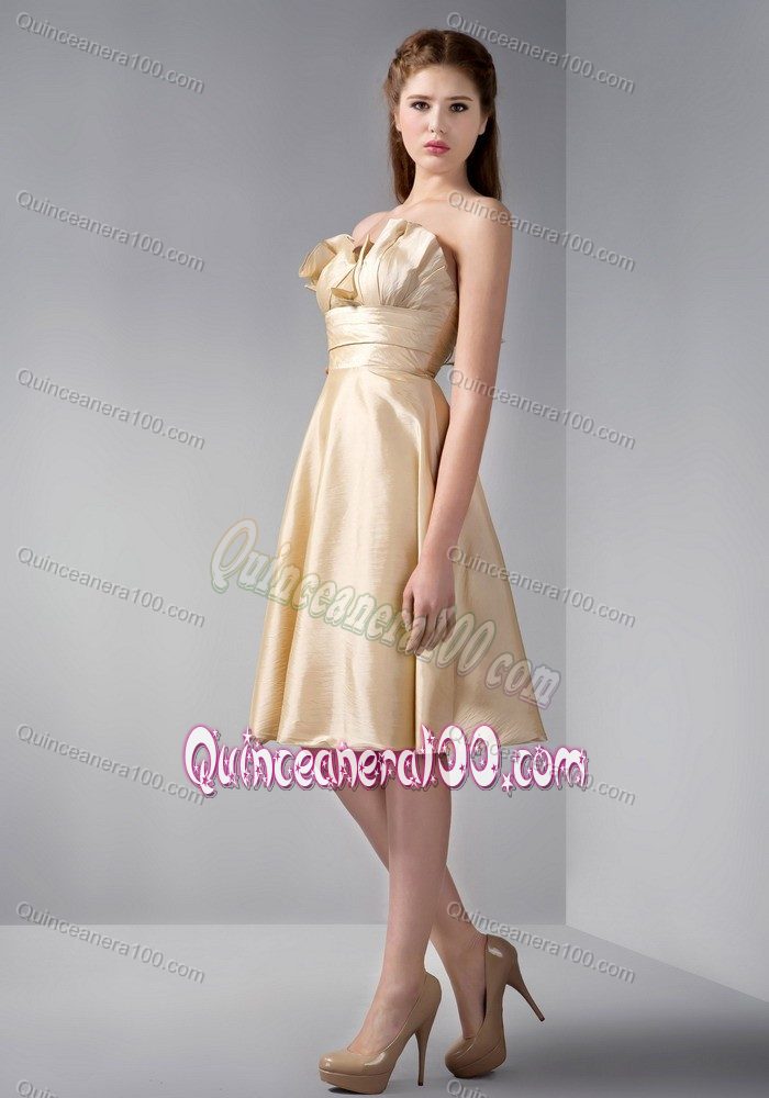 Elegant Empire Strapless Kneelength Gold Dama Dress with Ruches