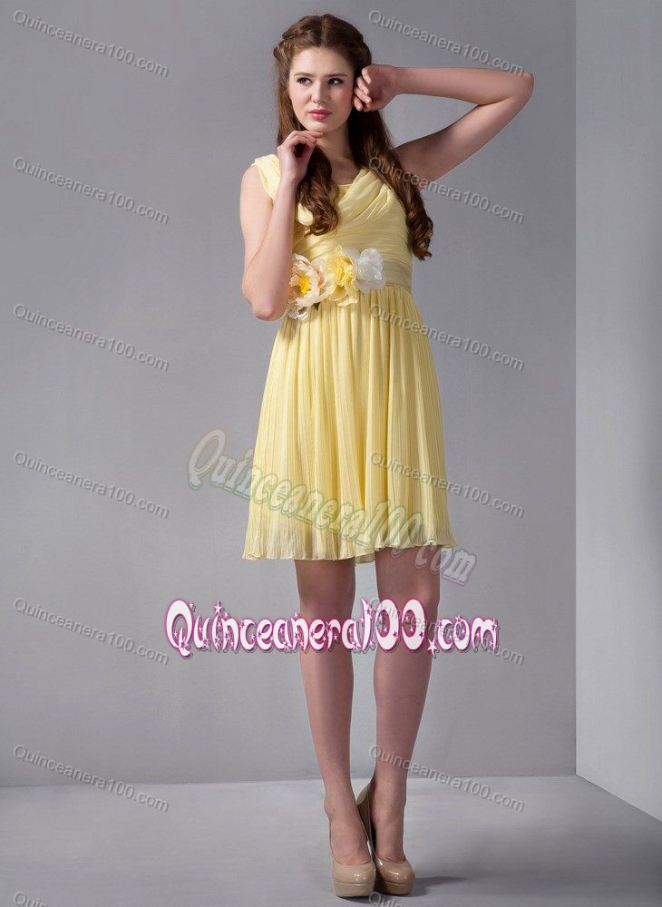 Empire Straps Minilength Yellow Dama Dress with Hand Made Flower Quinceanera 100