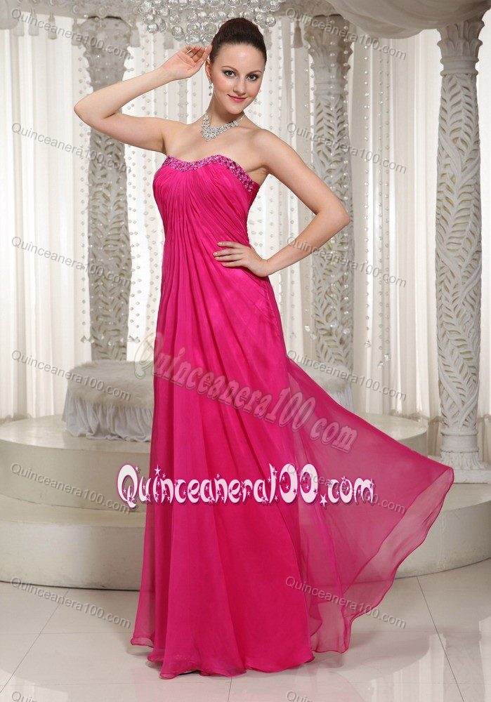 Vintage Strapless Dama Dress in Hot Pink with Beading and Ruches