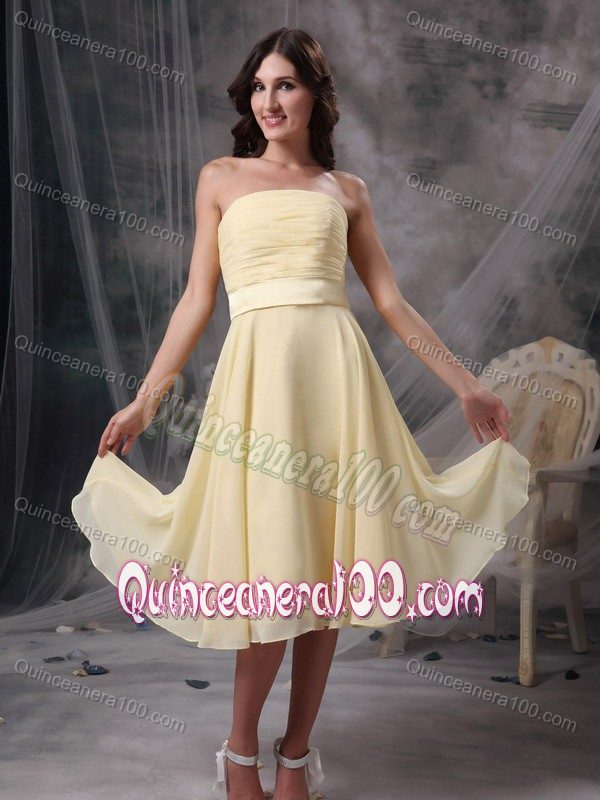 Strapless Light Yellow Empire Tea-length Dama Dress with Ruches