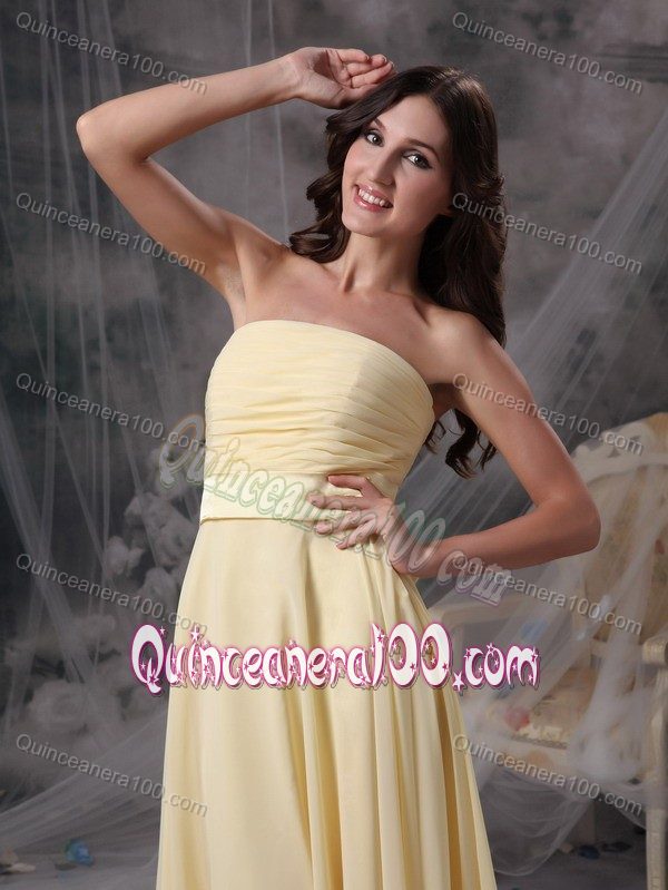 Strapless Light Yellow Empire Tea-length Dama Dress with Ruches