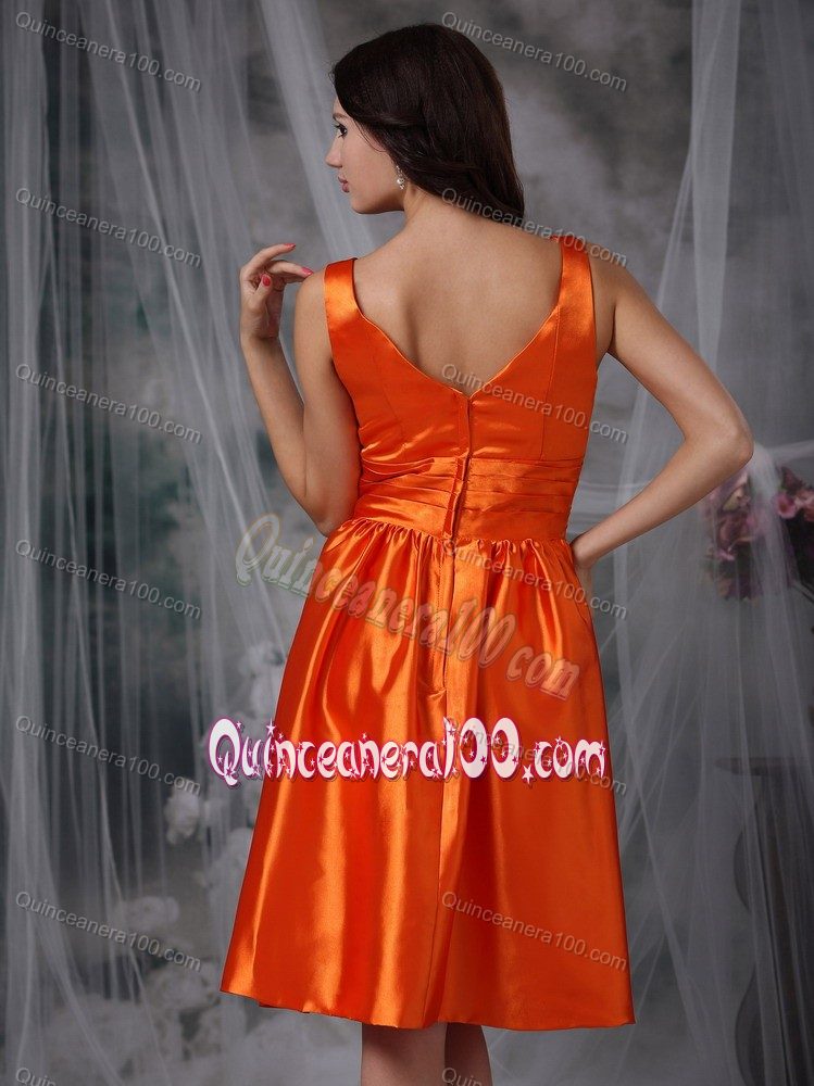 Column V-neck Knee-length Taffeta Ruched Orange Red Dama Dress