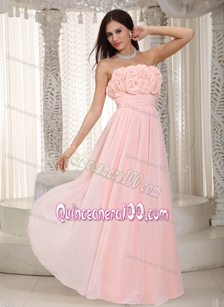Baby Pink Empire Strapless Quince Dama Dresses with Flowering Bodice