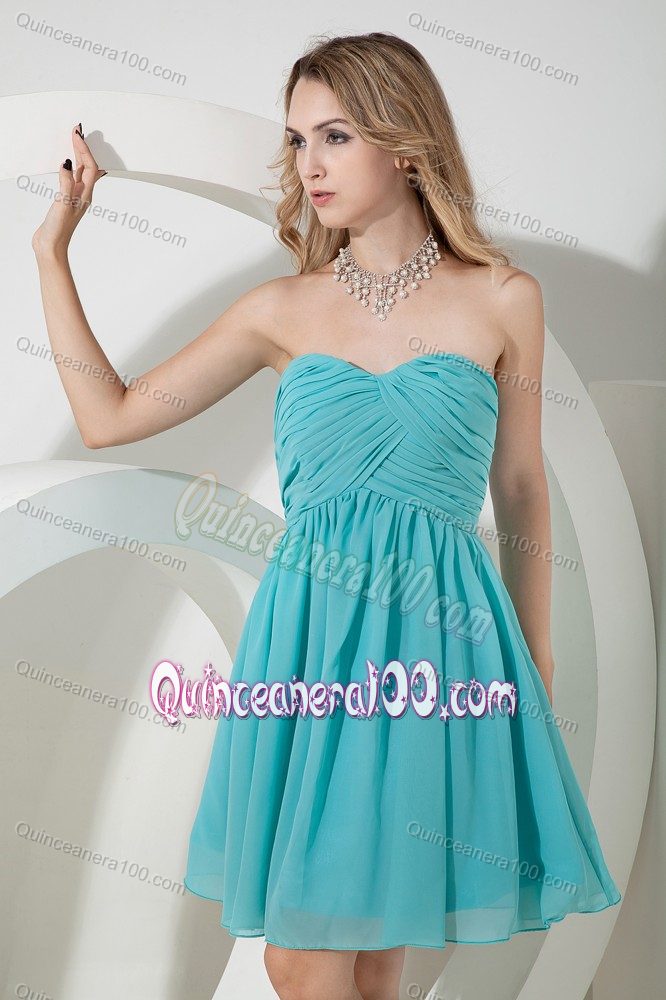 Turquoise Princess Sweetheart Knee-length Ruching Quince Dama Dresses