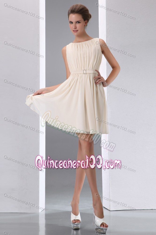 Champagne A-line Sccop Mini-length Cocktail Dresses For Dama Ruched