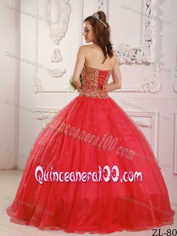 the Brand New Style Beaded Sweetheart Tulle Quince Dress in Red