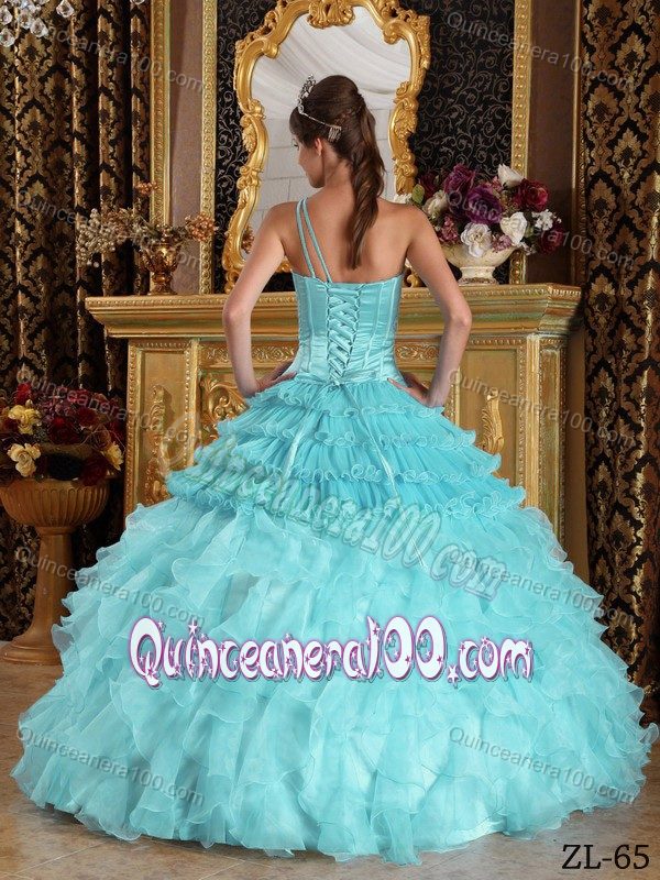 Baby Blue One Shoulder Pleats Ruffles Beading Dresses for a Quince
