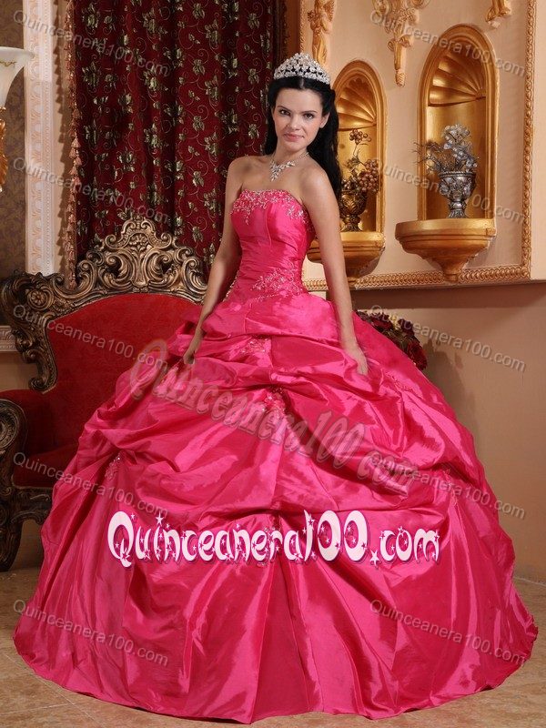 Rose Red Strapless Beading Appliques Pick-ups Sweet 16 Dresses