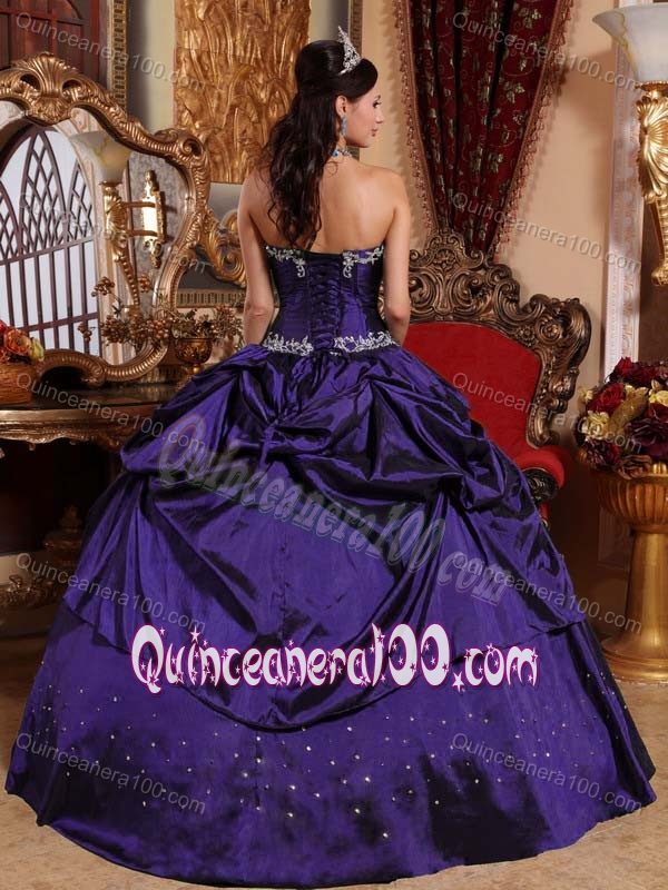 Purple Strapless Appliques Pick-ups Beading Hem Sweet 15 Dresses