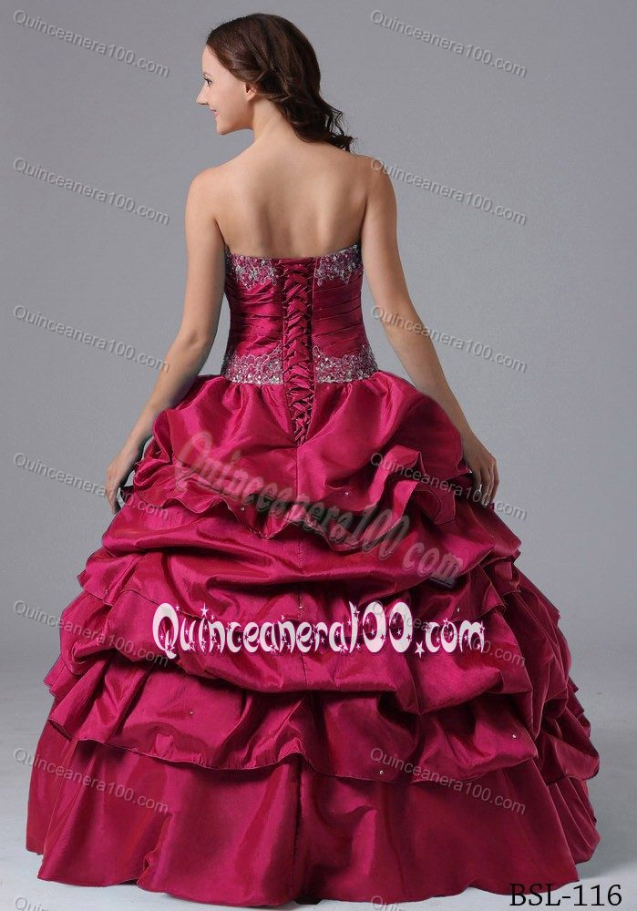 Classic Wine Red Pick-ups Dresses for a Quince with Beaded Ruche