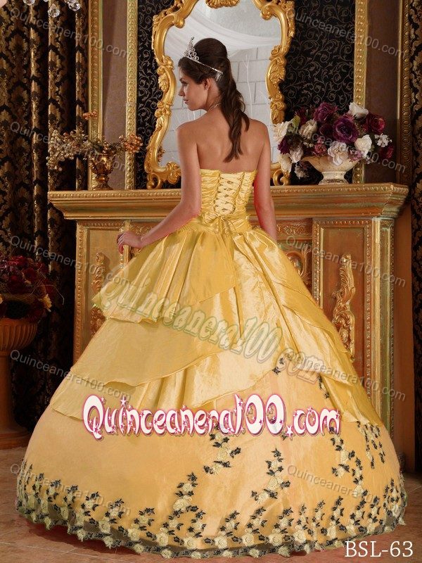 Yellow Ruche Sweet Fifteen Dresses with Appliques on Promotion