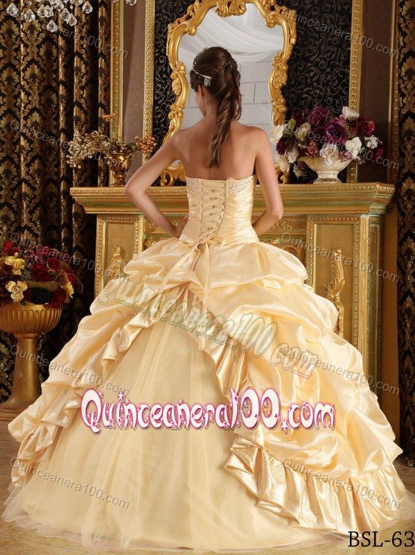 Newest Beaded Strapless Yellow Quinceanera Gown with Pick-ups