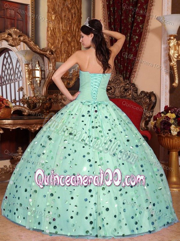 Apple Green Beading and Sequins Decorate Pleas Dress for Sweet 16