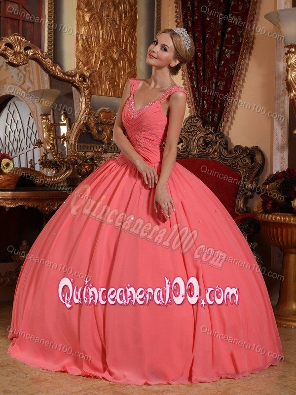 Watermelon Ruched Bust V-neck Beading Pleated Dress for Sweet 16