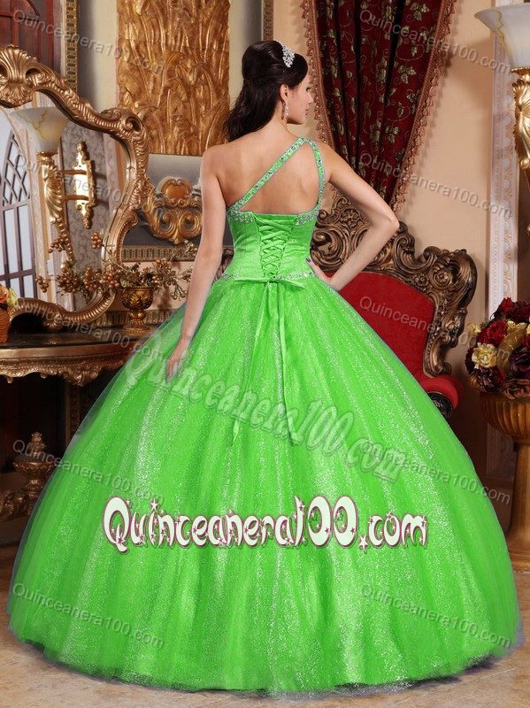 one Shoulder Pleated Beading Spring Green Sweet Sixteen Dresses