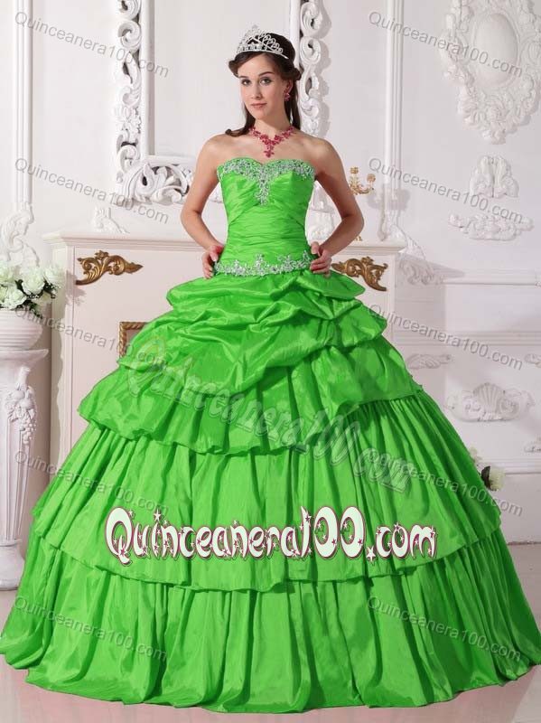 Spring Green Tiered Pick-up and Pleat Detachable Dress for Sweet 16