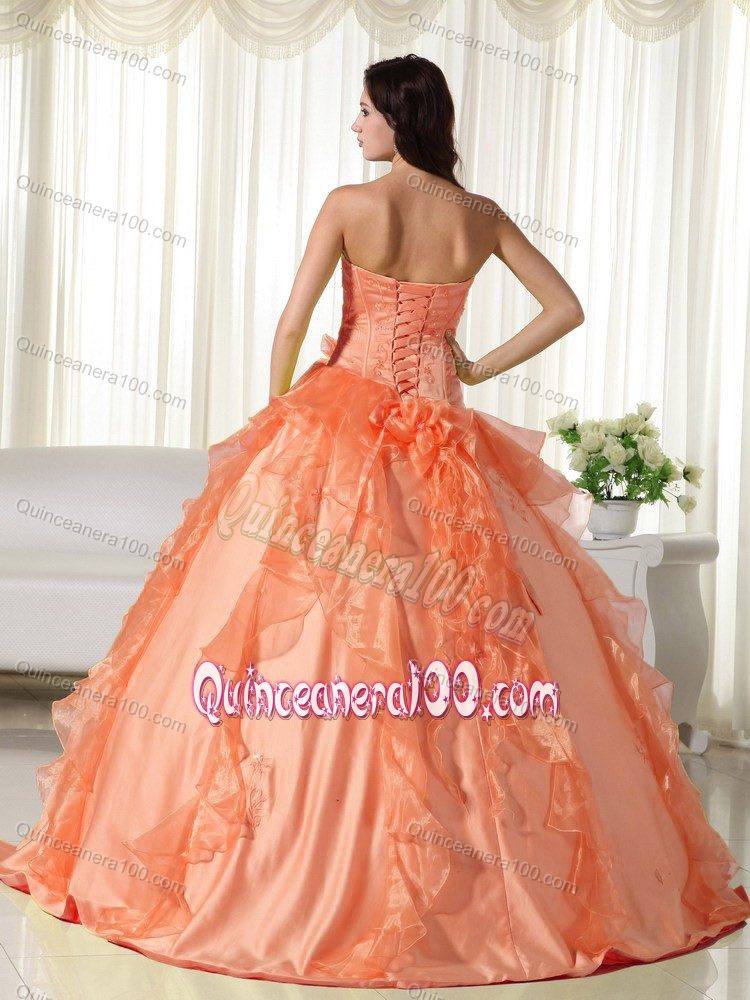 Orange Sweetheart Ruffles Hand Made Flowers Quinceanera Gowns